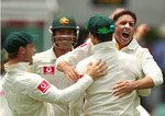 Michael Hussey is overjoyed after getting wicket of Daniel Vettori