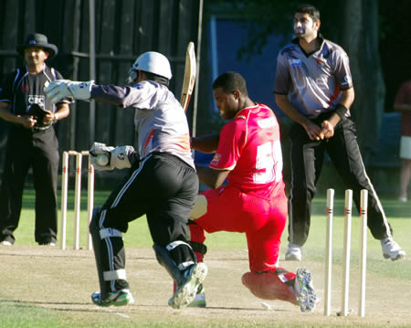 UAE bowler Ahmed Raza (3-13) and wicketkeeper Abdul Shakoor appeal successfully