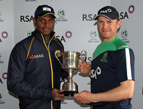 Sri Lanka captain Angelo Matthews and Ireland captain William Porterfield with the RSA Insurance ODI Series trophy