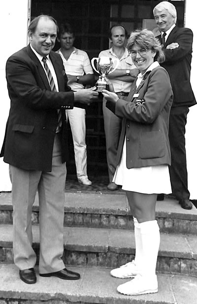 Photograph of Carole Hodges receiving the trophy after England Women won the Test Series against India, 1986