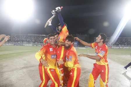 Peshawar celebrate after securing the title for the second time in a row
