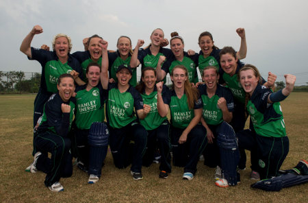 The Ireland Womens squad celebrates victory over Bangladesh
