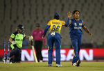 Chamari Atapattu of Sri Lanka celebrates a run out with team mate Oshadi Ranasinghe