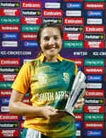 Sune Luus of South Africa celebrates winning the Player of the Match after taking 5 wickets